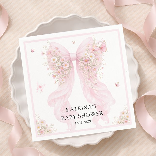 Serviette En Papier Elegant Blush Pink Bow Wildflower Baby Shower (Créateur téléchargé)