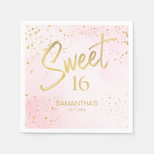 Serviette En Papier Elegant Blush Pink & Gold Confetti Sweet 16  (Devant)