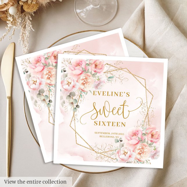 Serviette En Papier Élégant Blush Rose Or Floral Sweet 16 Partie (Elegant Blush Pink Gold Floral Sweet 16 Party Napkins)