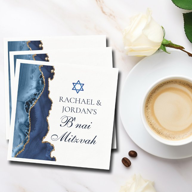 Serviette En Papier Élégant B'nai Mitzvah Navy Blue Gold Agate Party (Créateur téléchargé)