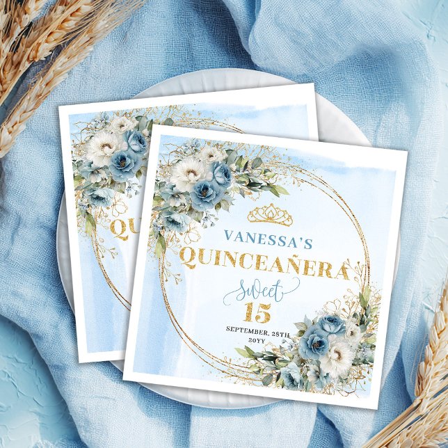 Serviette En Papier Elegant Boho Blue Floral Quinceañera Napkins (Elegant Boho Blue Floral Quinceañera Napkins)