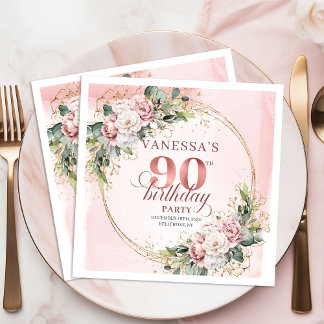 Serviette En Papier Elegant Boho Blush Pink Floral 90th Birthday Party