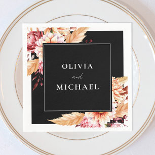 Serviette En Papier Élégant Boho noir Chic Floral Mariage