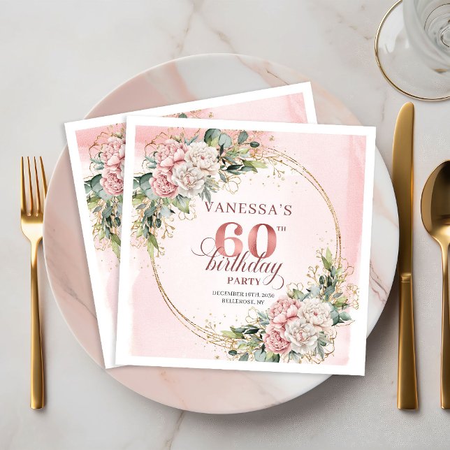 Serviette En Papier Élégant Boho Rose Poussiéreuse Vert 60e Anniversai (Elegant Boho Dusty Pink Greenery 60th Birthday Napkins)