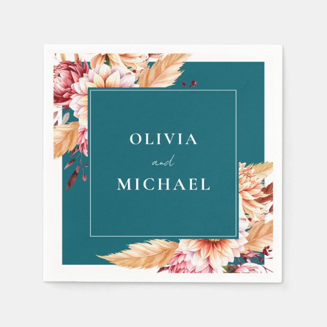 Serviette En Papier Élégant Boho Turquoise Chic Floral Mariage (Devant)