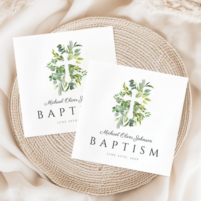 Serviette En Papier Élégant Botanique Religieux Croix Baptême (Elegant Botanical Religious Cross Baptism Napkins)