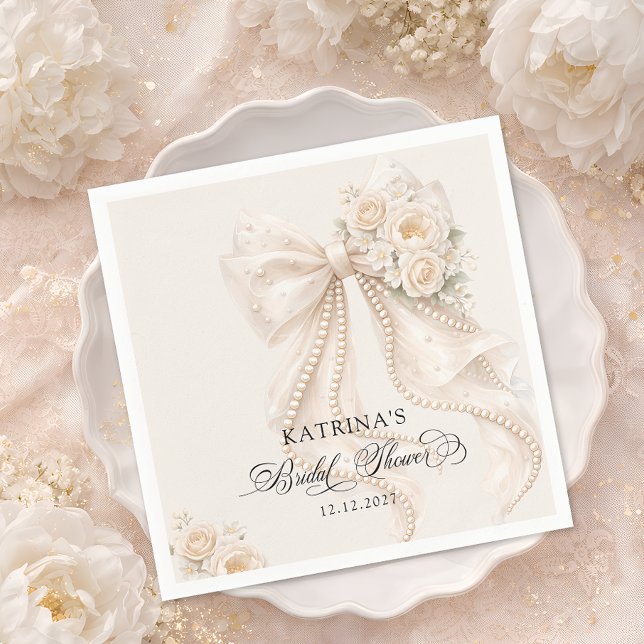 Serviette En Papier Elegant Bow and Pearl Pastel Bridal Shower (Créateur téléchargé)