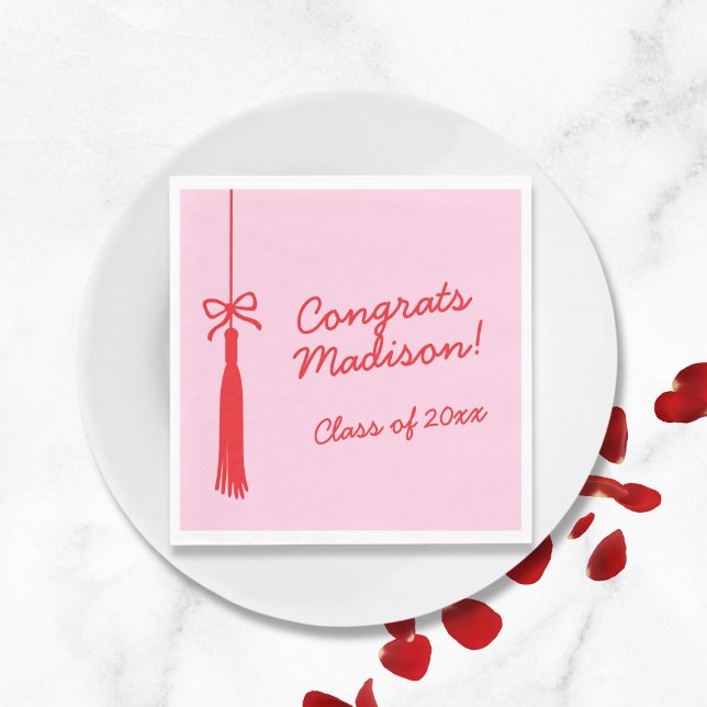 Serviette En Papier Elégant Bow Grad Tassel Rose Red 2025 Graduation (Elegant Bow Grad Tassel Pink Red 2025 Graduation Napkins)