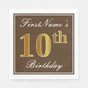 Serviette En Papier Elégant Brown, Faux Gold 10e anniversaire + Nom