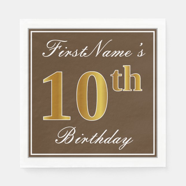 Serviette En Papier Elégant Brown, Faux Gold 10e anniversaire + Nom (Devant)