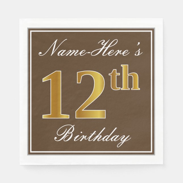 Serviette En Papier Elégant Brown, Faux Gold 12ème anniversaire + Nom (Devant)