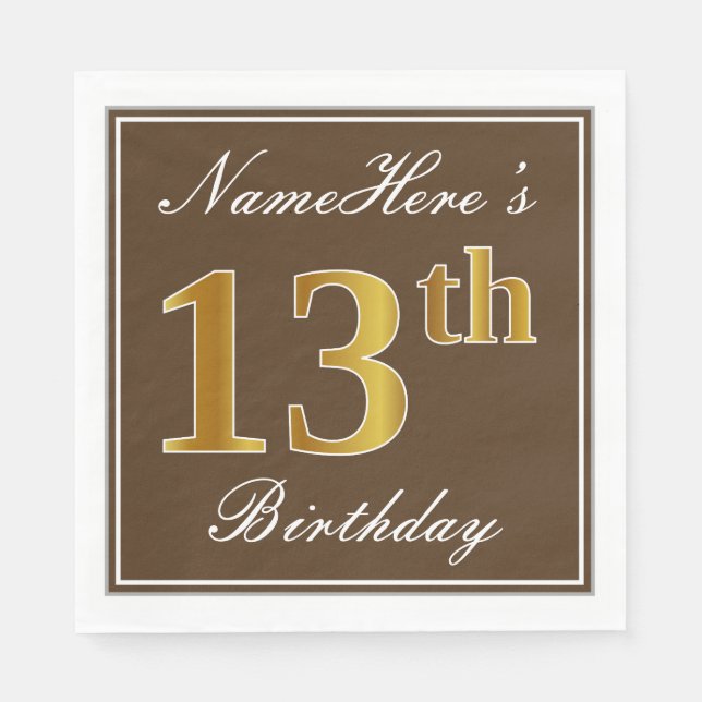 Serviette En Papier Elégant Brown, Faux Gold 13ème anniversaire + Nom (Devant)