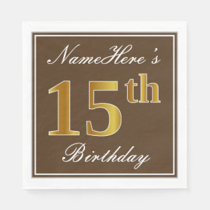 Serviette En Papier Elégant Brown, Faux Gold 15ème anniversaire + Nom