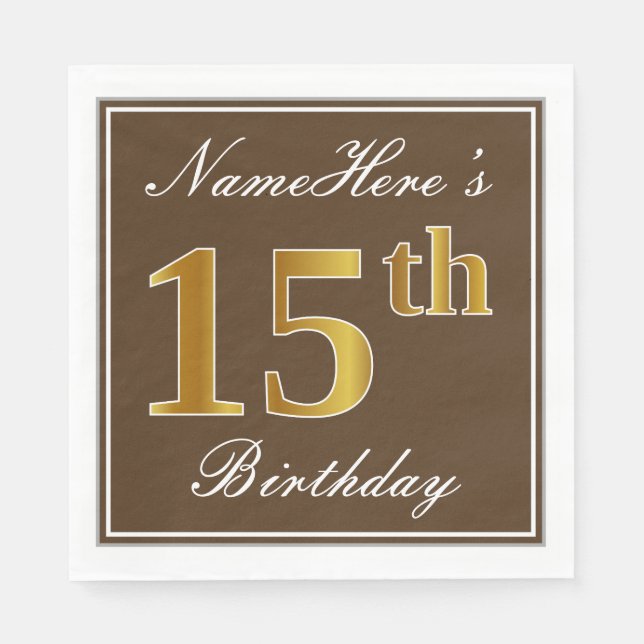 Serviette En Papier Elégant Brown, Faux Gold 15ème anniversaire + Nom (Devant)
