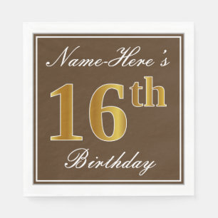 Serviette En Papier Elégant Brown, Faux Gold 16ème anniversaire + Nom