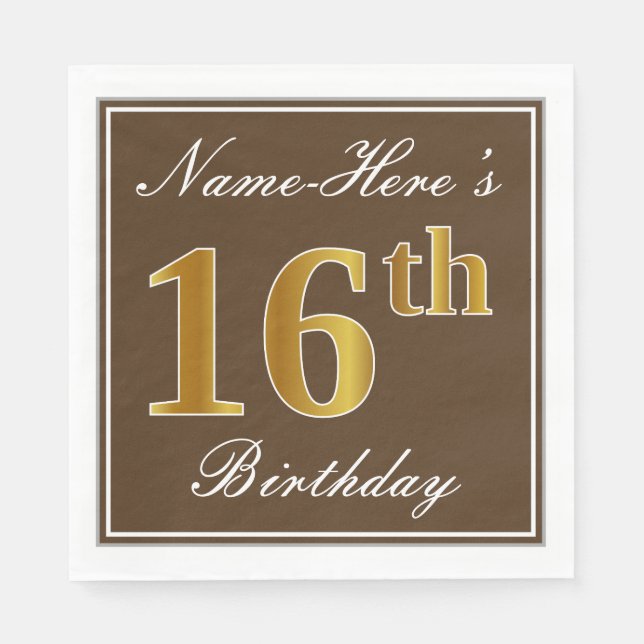 Serviette En Papier Elégant Brown, Faux Gold 16ème anniversaire + Nom (Devant)