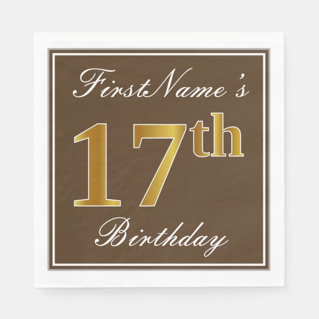 Serviette En Papier Elégant Brown, Faux Gold 17ème anniversaire + Nom (Devant)