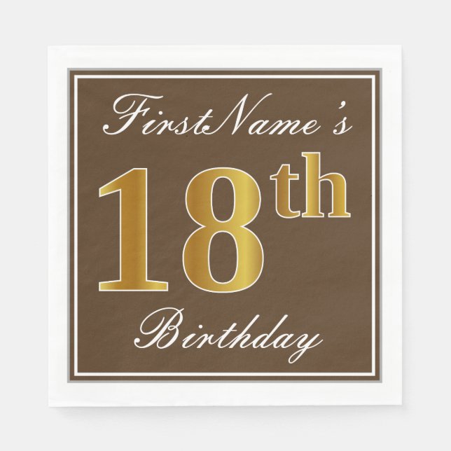 Serviette En Papier Elégant Brown, Faux Gold 18ème anniversaire + Nom (Devant)