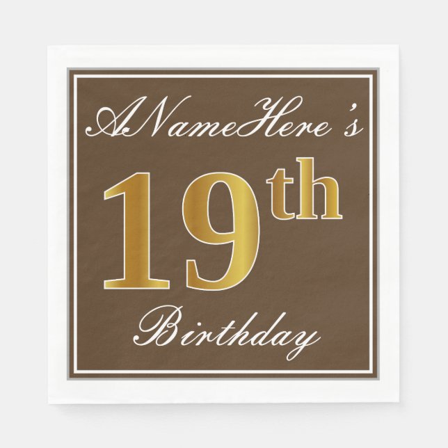 Serviette En Papier Elégant Brown, Faux Gold 19ème anniversaire + Nom (Devant)
