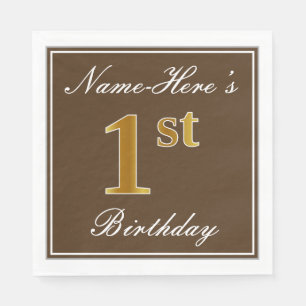 Serviette En Papier Elégant Brown, Faux Gold 1er Anniversaire ; Nom pe