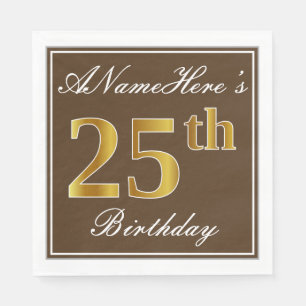 Serviette En Papier Elégant Brown, Faux Gold 25e anniversaire + Nom