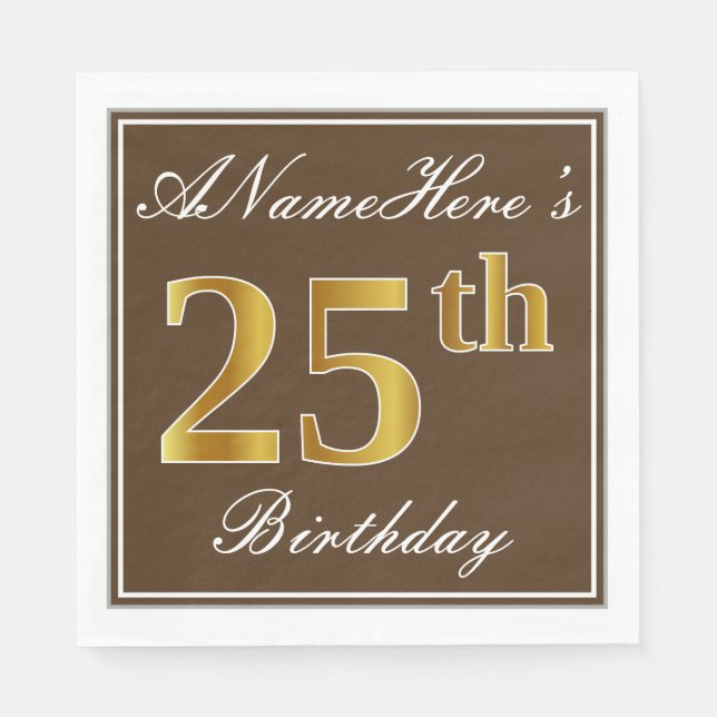 Serviette En Papier Elégant Brown, Faux Gold 25e anniversaire + Nom (Devant)