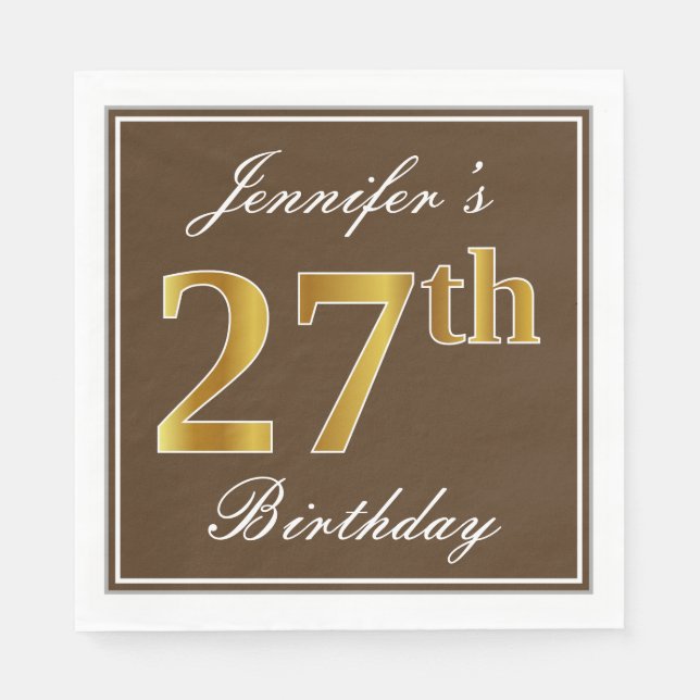 Serviette En Papier Elégant Brown, Faux Gold 27ème anniversaire + Nom (Devant)