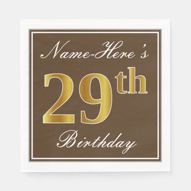Serviette En Papier Elégant Brown, Faux Gold 29ème anniversaire + Nom (Devant)