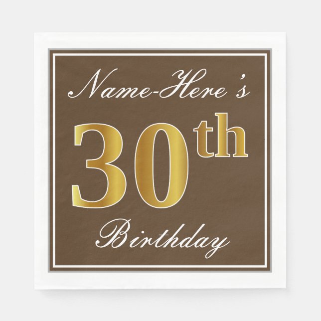 Serviette En Papier Elégant Brown, Faux Gold 30e anniversaire + Nom (Devant)