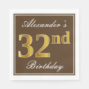 Serviette En Papier Elégant Brown, Faux Gold 32ème anniversaire + Nom