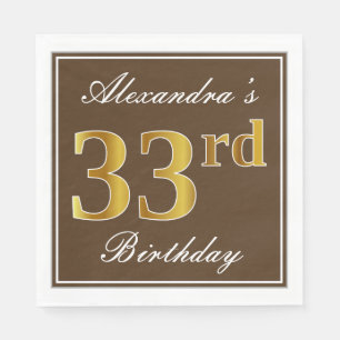 Serviette En Papier Elégant Brown, Faux Gold 33ème anniversaire + Nom