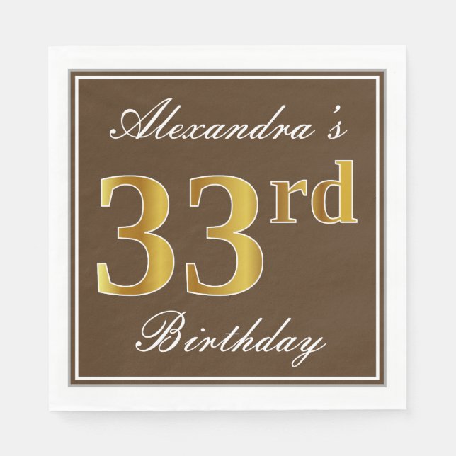 Serviette En Papier Elégant Brown, Faux Gold 33ème anniversaire + Nom (Devant)