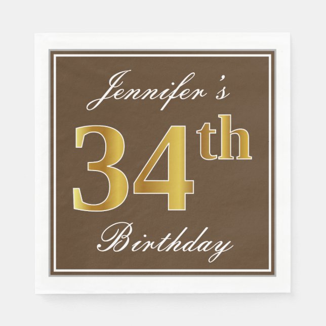 Serviette En Papier Elégant Brown, Faux Gold 34ème anniversaire + Nom (Devant)