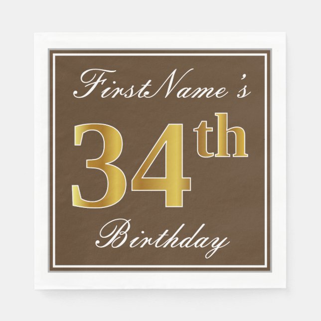 Serviette En Papier Elégant Brown, Faux Gold 34ème anniversaire + Nom (Devant)