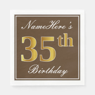 Serviette En Papier Elégant Brown, Faux Gold 35ème anniversaire + Nom
