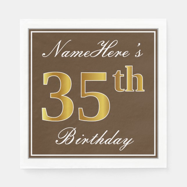 Serviette En Papier Elégant Brown, Faux Gold 35ème anniversaire + Nom (Devant)