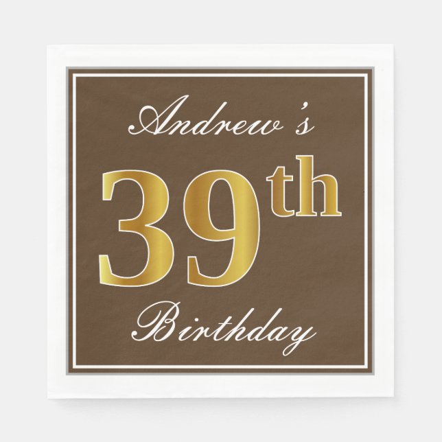 Serviette En Papier Elégant Brown, Faux Gold 39ème anniversaire + Nom (Devant)