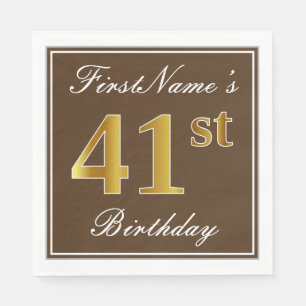 Serviette En Papier Elégant Brown, Faux Gold 41ème Anniversaire + Nom