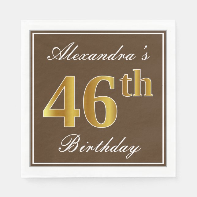 Serviette En Papier Elégant Brown, Faux Gold 46ème anniversaire + Nom (Devant)