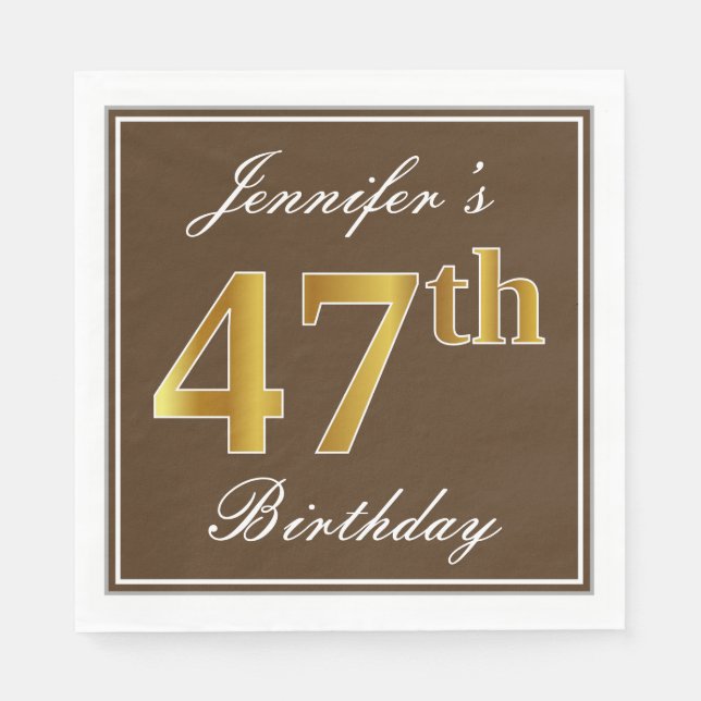 Serviette En Papier Elégant Brown, Faux Gold 47ème Anniversaire + Nom (Devant)