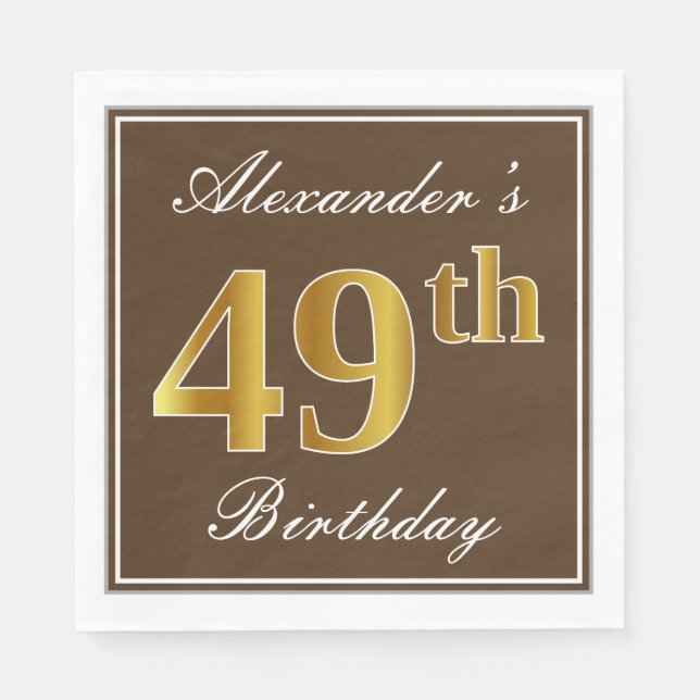 Serviette En Papier Elégant Brown, Faux Gold 49ème Anniversaire + Nom (Devant)