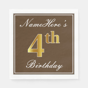 Serviette En Papier Elégant Brown, Faux Gold 4e anniversaire; Nom pers