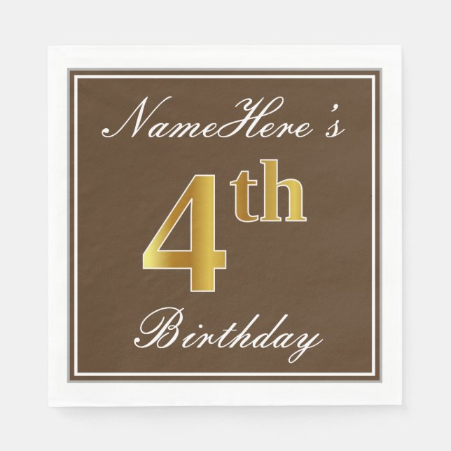 Serviette En Papier Elégant Brown, Faux Gold 4e anniversaire; Nom pers (Devant)