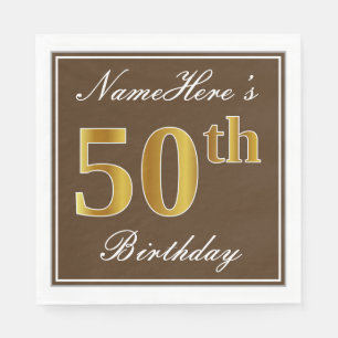 Serviette En Papier Elégant Brown, Faux Gold 50e Anniversaire + Nom