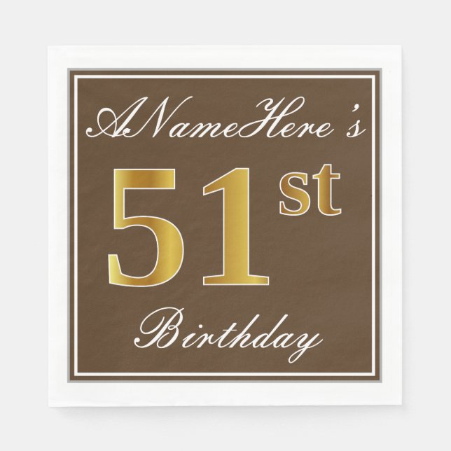 Serviette En Papier Elégant Brown, Faux Gold 51ème Anniversaire + Nom (Devant)