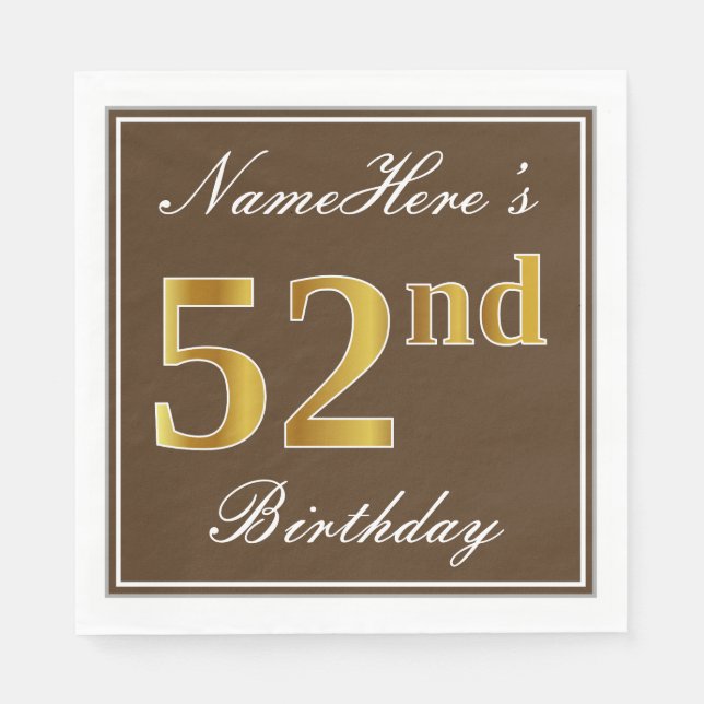 Serviette En Papier Elégant Brown, Faux Gold 52ème anniversaire + Nom (Devant)