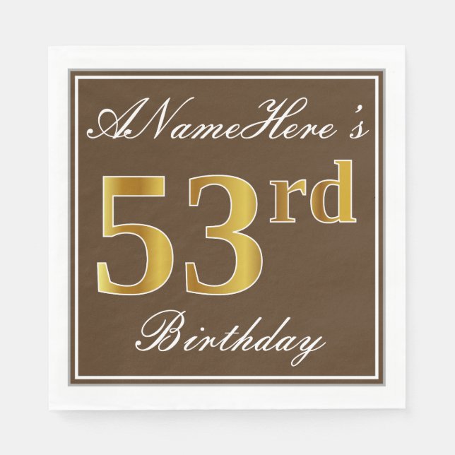 Serviette En Papier Elégant Brown, Faux Gold 53ème anniversaire + Nom (Devant)