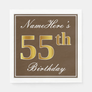 Serviette En Papier Élégant Brown, Faux Gold 55e anniversaire + Nom
