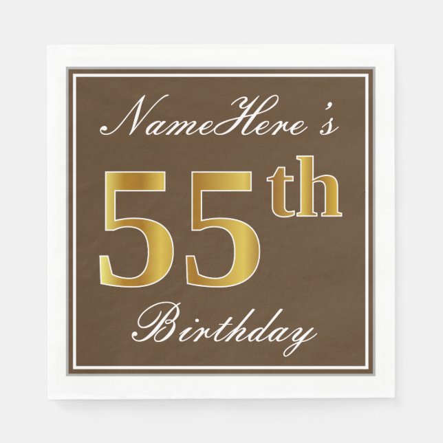 Serviette En Papier Elégant Brown, Faux Gold 55ème anniversaire + Nom (Devant)