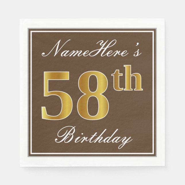 Serviette En Papier Elégant Brown, Faux Gold 58ème anniversaire + Nom (Devant)